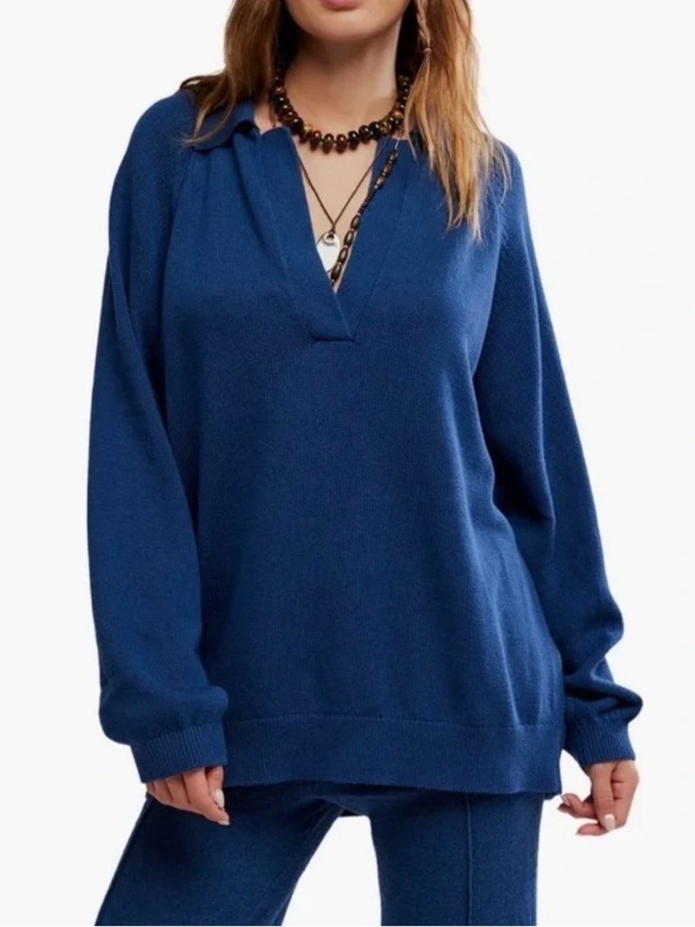 Free People Free-Est Beach Drea Sweater Rib Knit Polo Pullover Navy Blue Size S